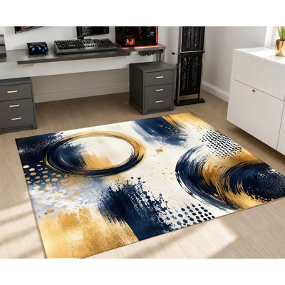 Tapis de style art moderne abstrait, motif de coups de pinceau bleu marine et or, antidérapant, décoration intérieure artistique pour salon, chambre, entrée, cuisine, balcon, appartement