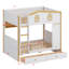 Lit superposé en forme de maison avec barrières de sécurité, tablettes de rangement et tiroirs