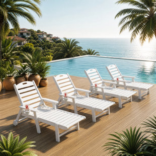 HDPE Chaise Lounge Chair All-Weather-Resistant for Patio, Pool, Garden,with Adjustable 5-Position & Wheels & Cup Holders