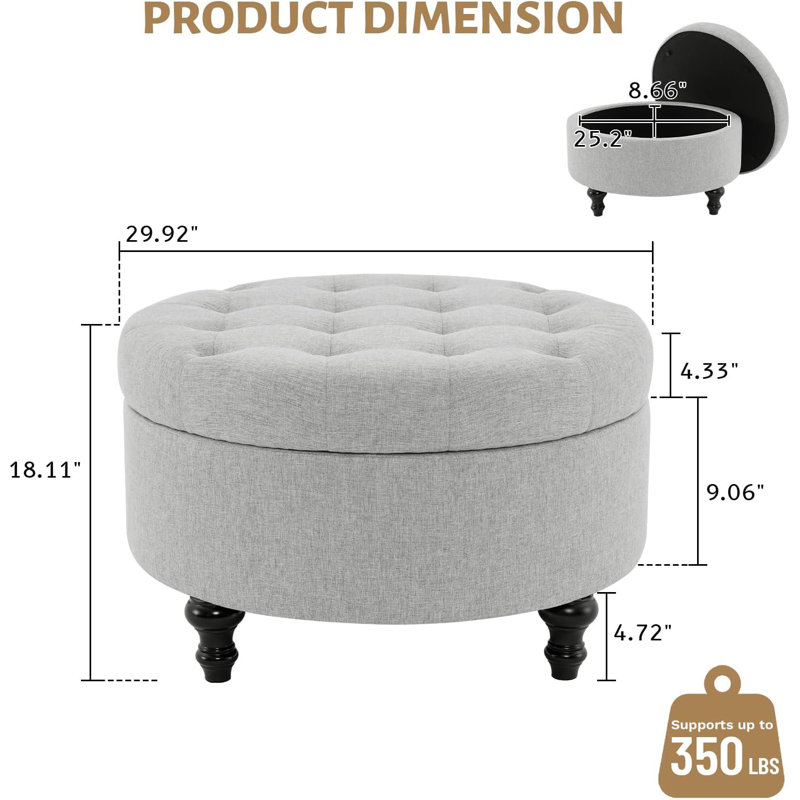 Table basse ronde avec repose-pieds rond et capitonné avec rangement 30 po, Gris