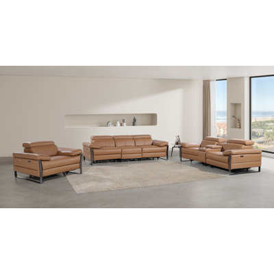 Top Grain Italian Leather Modular Power Triple Reclining Sofa, Console Loveseat, And Chair Set With Power Headrests