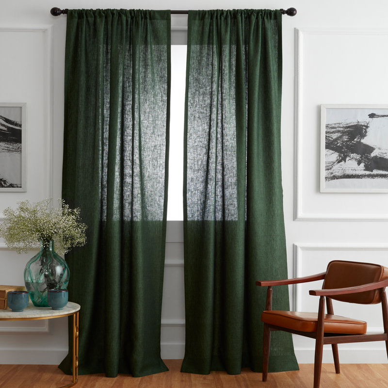Linen Curtain with Rod Pocket, 52" W x 120" L, Forest Green