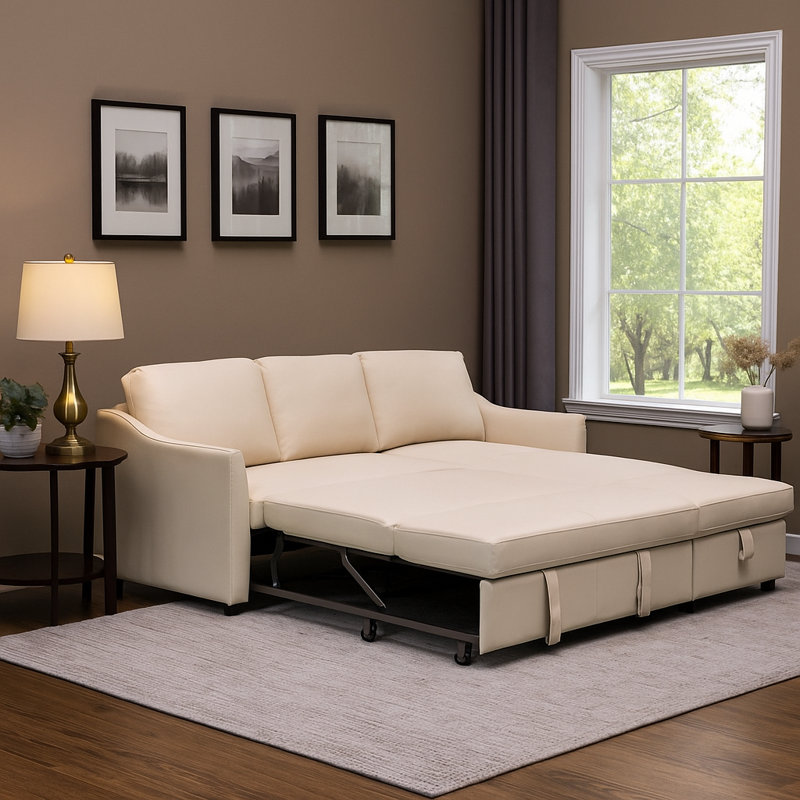 Divan-lit rembourré en cuir italien de 81 po Ravello avec lit escamotable et méridienne pour le salon, Ivory