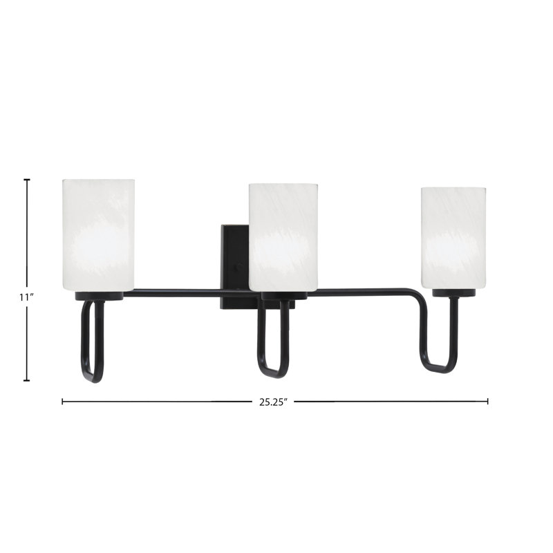 Barre d'éclairage de salle de bain 3 lumières Amarmula, finition noir mat, verre marbré blanc 4 po, Noir, Blanc