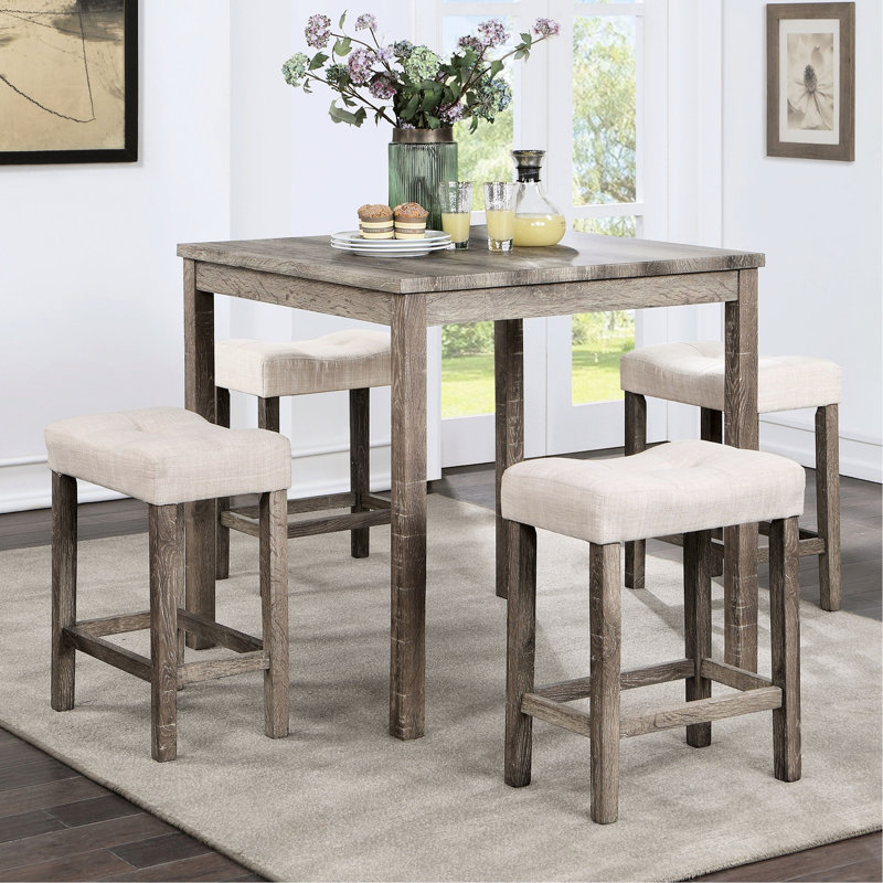 Table de salle à manger à hauteur de comptoir grise avec 4 tabourets coussinés en tissu beige et tabourets à base de placage de papier