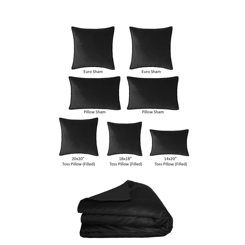 Velvet 8 Piece Duvet Cover Set, King Duvet Cover + 7 Additional Pieces, Black