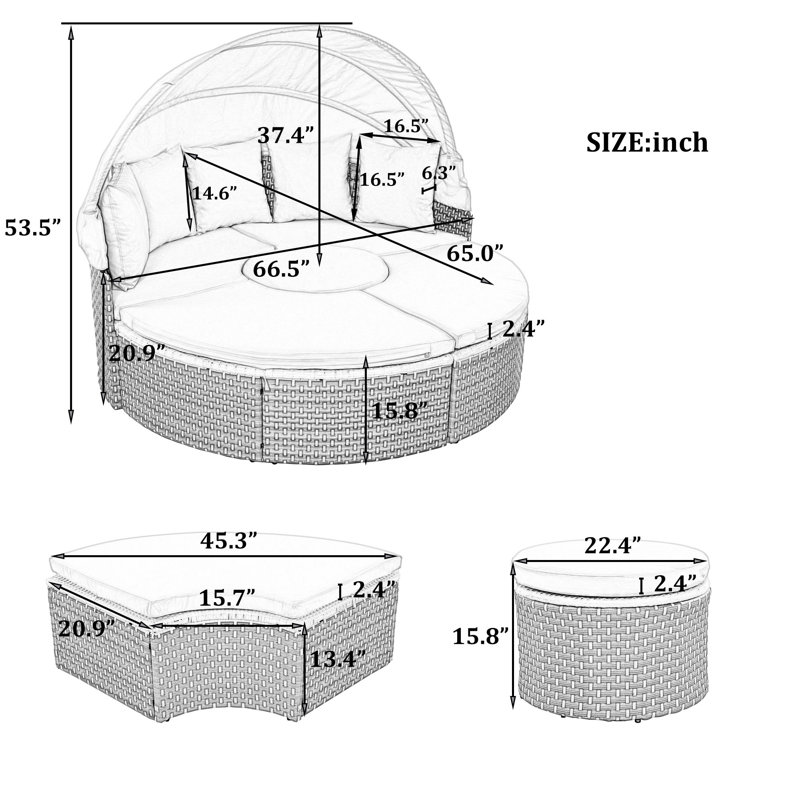 Sublime Round Rattan Patio Daybed With Retractable Canopy And Removable Cushions, Beige, Brown