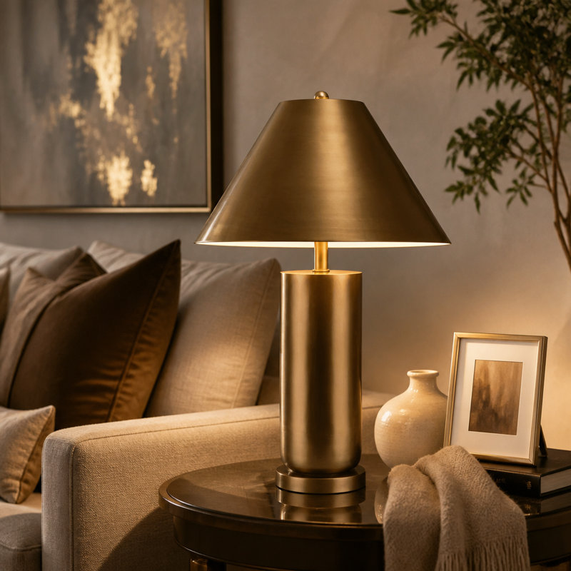 Lampe de table cylindrique avec abat-jour conique en fer pour éclairage de chevet - Petite lampe d'appoint contemporaine pour salon - 66 cm, bronze