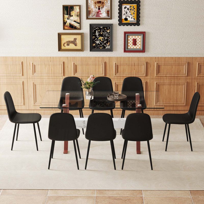 Table de salle à manger élégante en verre trempé transparent, avec 8 chaises, alliant parfaitement simplicité et transparence