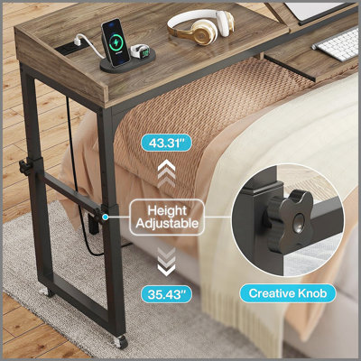 Height Adjustable Overbed Table with Wheels, Queen Size Mobile Laptop Desk, Tiltable Stand, Built-in Outlets & USB Ports for Bed/Sofa (Dark Gray)