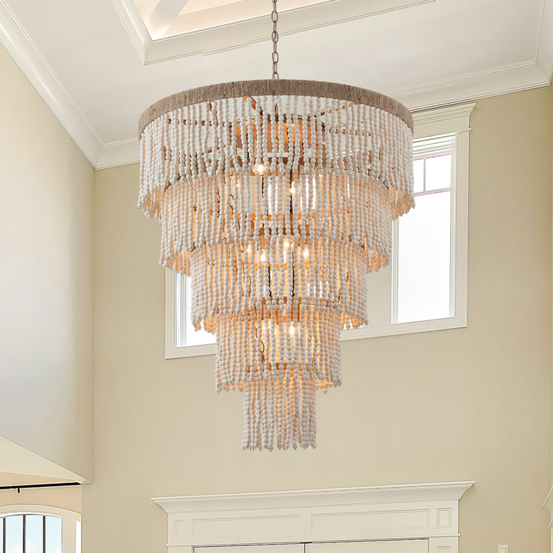 Bohemia 32" Beige Wood Beaded Tiered Large Statement Chandelier for Spacious Living Room, Entryway, High Ceiling Foyer