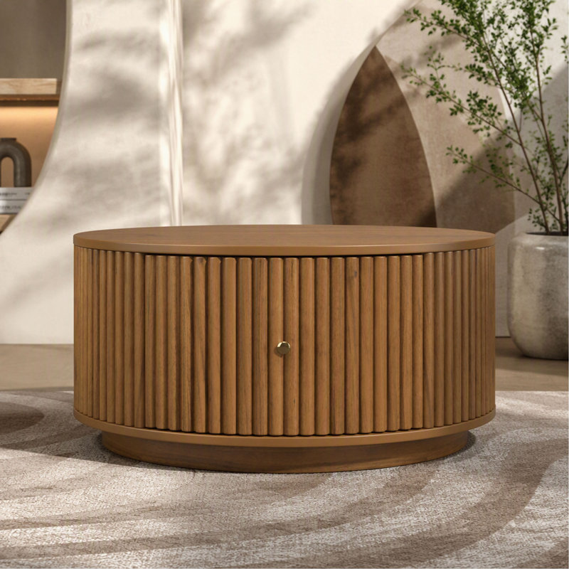 Table basse ronde à tambour cannelé avec deux tiroirs de rangement cachés incurvés, table centrale en bois massif, table basse circulaire moderne de style Mid-Century pour salon et appartement