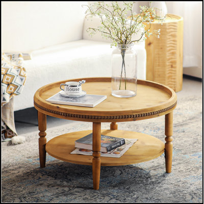 31.3 Inch Round Boho Coffee Table With Storage Shelf, 2-Tier Accent Table With Beaded Trim And Curved Solid Wood Legs For Living Room