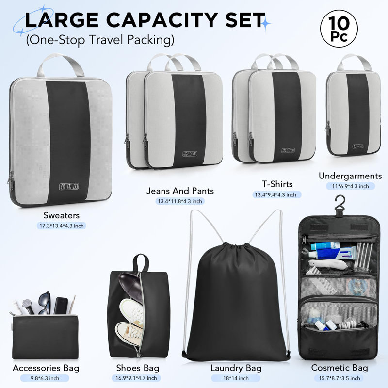 Ensemble de 10 cubes de compression pour valises de voyage, cubes compressibles extensibles pour valise (noir)
