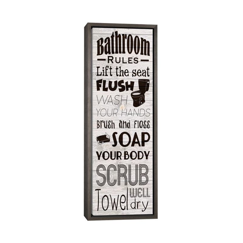 Reproduction d’art textuel sur toile, "Bath rules" par Marcus prime, H 60 po x l 20 po x P 1,5 po, Pas de tapis