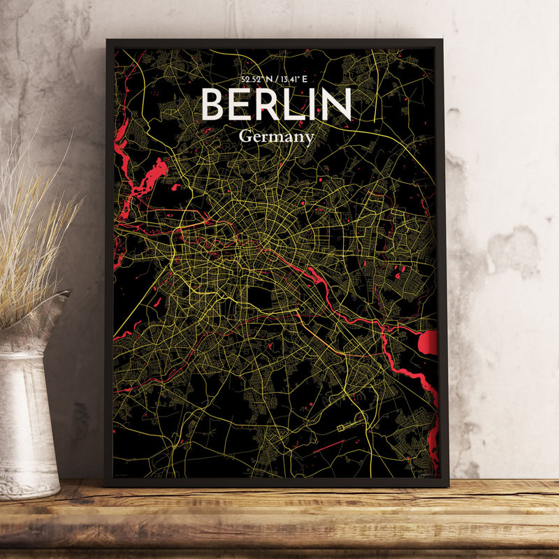 Berlin City Map - Unframed Graphic Art Print on Paper, 50.8cm H x 40.6cm W x 0.13cm D, Gold/White