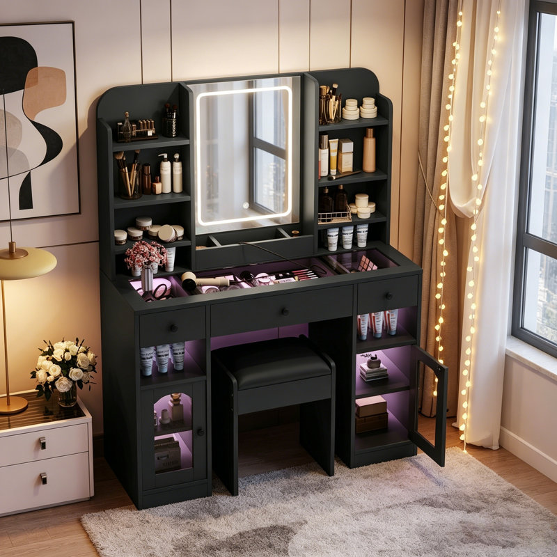 Vanity Desk with LED Mirror, RGB Light Cabinets, 3 Drawers, and Stool for Enhanced Beauty Routines and Storage, White