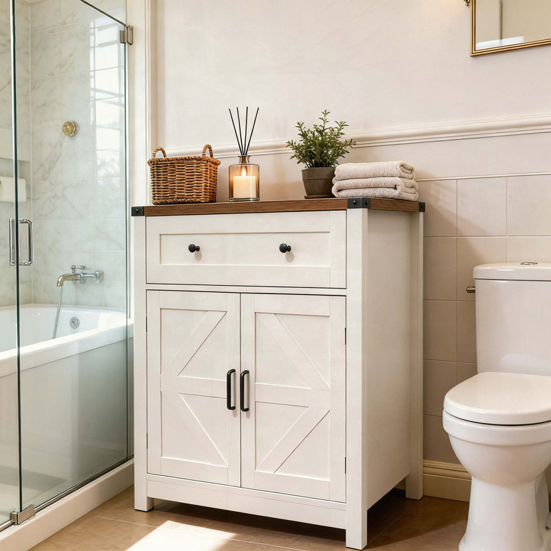 White & Wood Farmhouse Barn-Door Cabinet, White/Oak