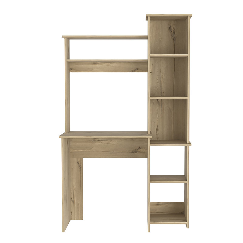Bureau d'écriture à 6 tablettes avec bibliothèque intégrée, Chêne clair