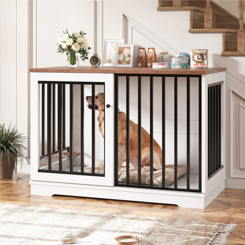 47.2''W Sturdy Large Dog Crate Furniture with 2 Feeding Bowls, Brown/White