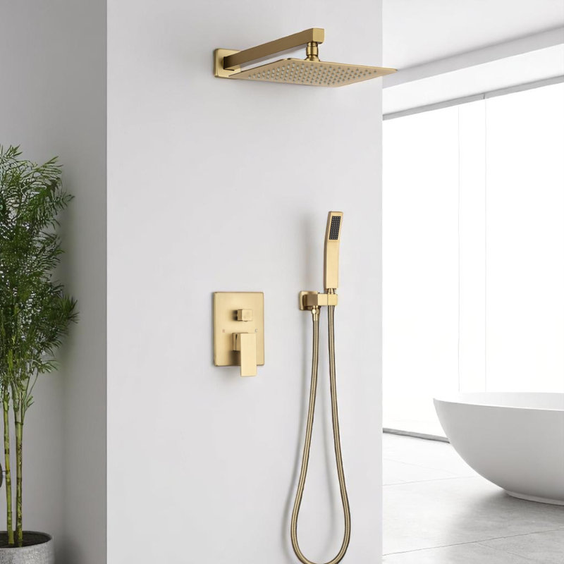 Système de douche complet avec valve brute et pomme de douche à pluie 10 pouces, Or brossé