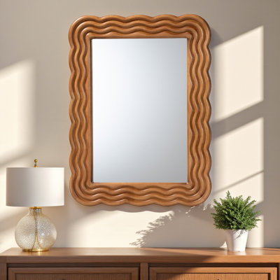 Boris Bohemian Style Brown Scalloped Rectangular Accent Mirror, 31.31" H X 23.47" W X 0.78" D