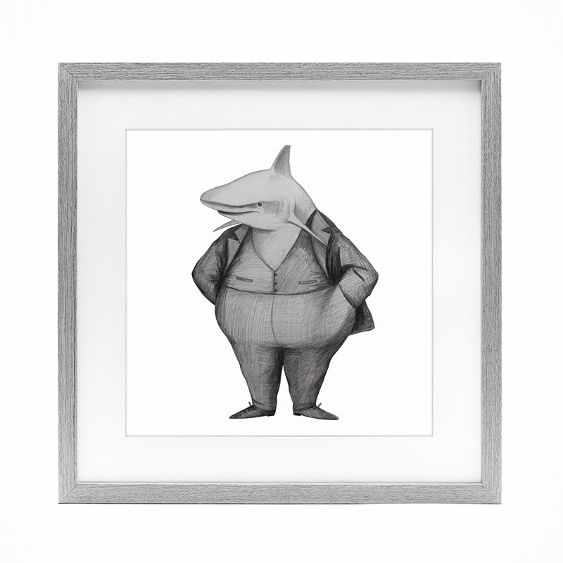 Requin en costume, reproduction encadrée sous verre, conception de Violeta Vollmer, H 16 po x l 16 po