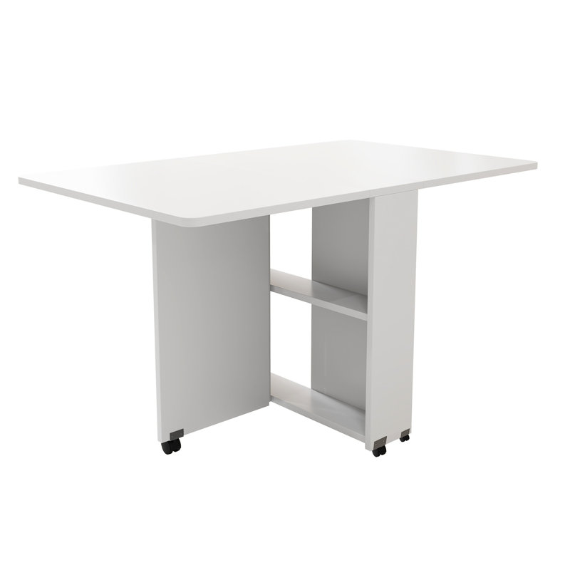 Table de salle à manger pliante profonde de 47,2 pouces avec 6 tablettes de rangement freinées et 2 tablettes de couleur blanche, idéale pour les petits espaces