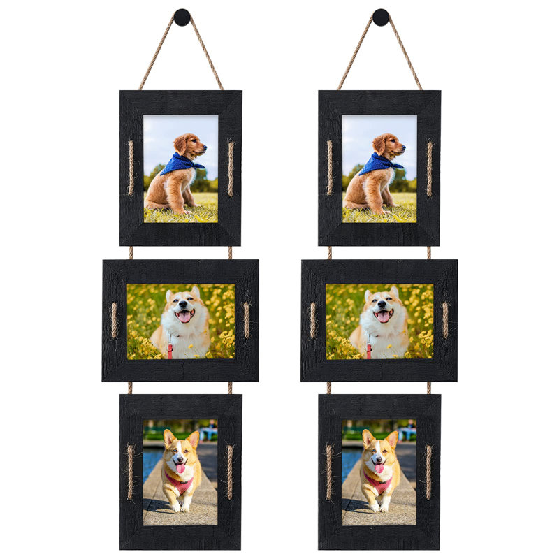 Hanging Picture Frames Rustic Solid Wood 3 Opening Picture Frame Collage Wall Mounted Set Display 4X6 Pictures With Mat Or 5X7 Without Mat (Weathered Black)