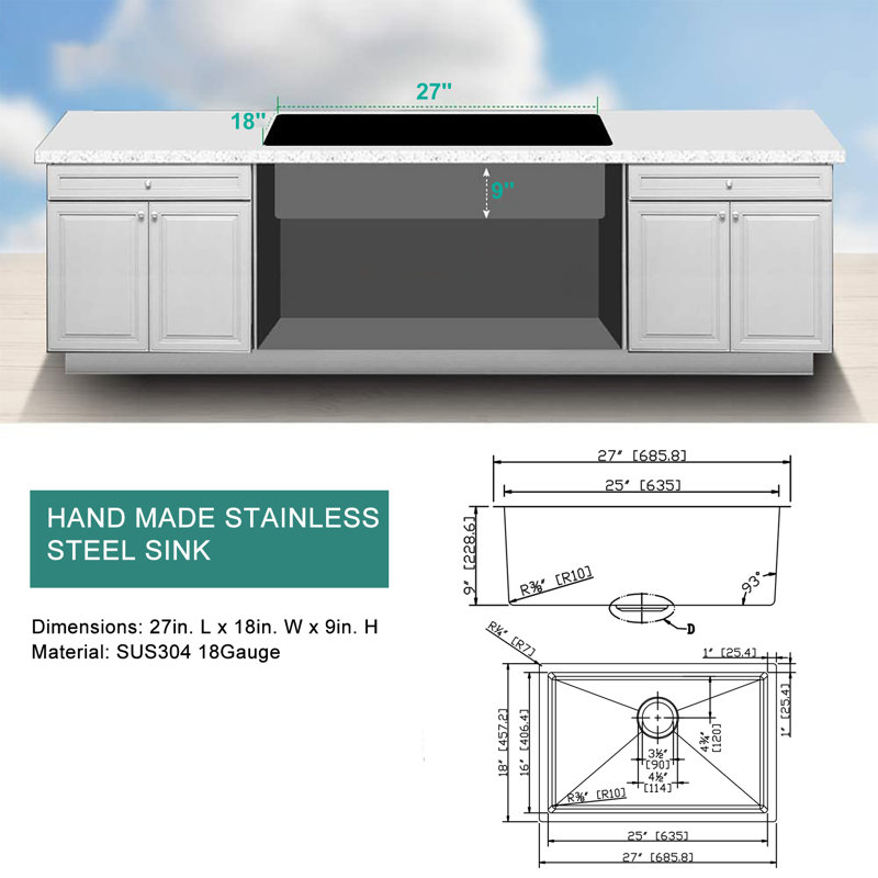 27 " L Undermount Single Bowl Stainless Steel Kitchen Sink