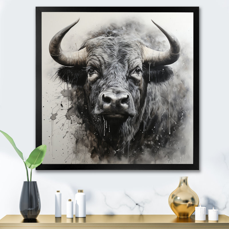 Buffalo gris murmure de la sagesse, H 16 po x l 16 po x P 1 po, Cadre simple noir