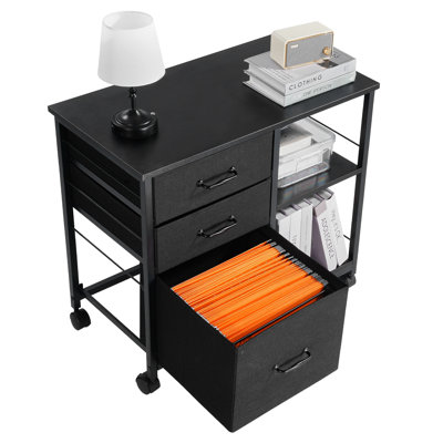 Classeur mobile avec 3 tiroirs en tissu et 2 tablettes ouvertes de couleur noire, idéal pour ranger des dossiers de magazines, des tablettes noires non tissées à cadre en métal, de grandes fournitures de bureau, un déplacement en douceur