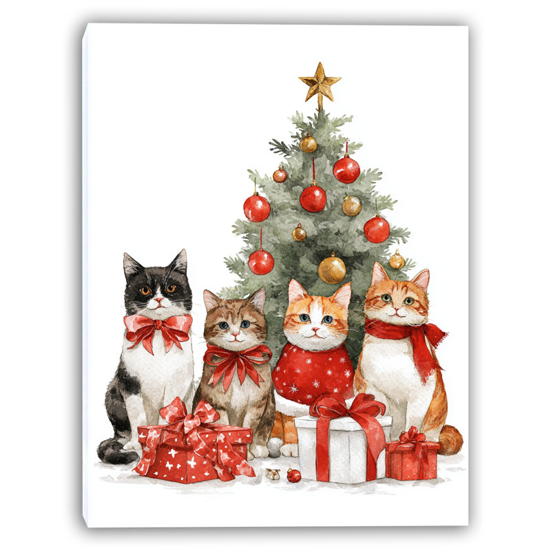 «Christmas Cats at the Tree», art mural sur toile tendue, H 36 po x l 24 po