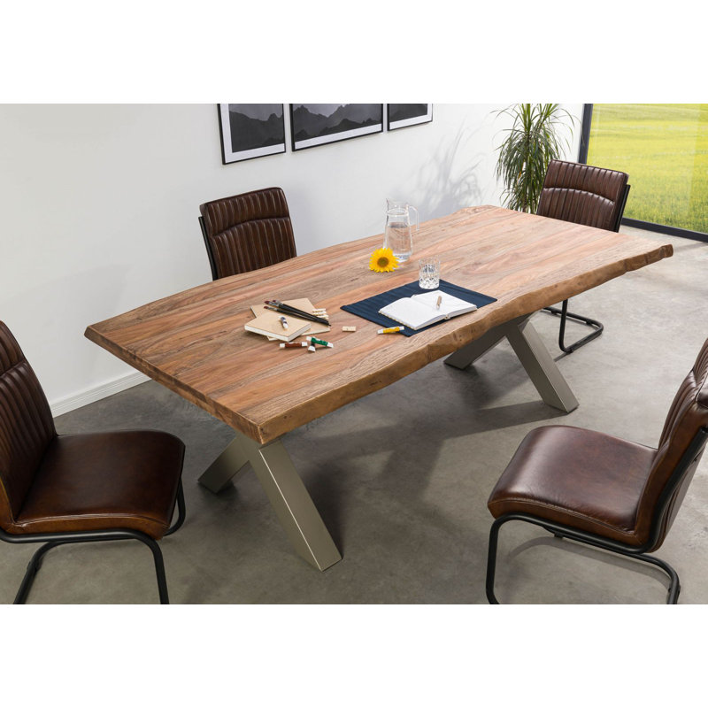 Solid Wood Top Metal Base Dining Table, Silver, Grey, 77 cm H x 220 cm L x 100 cm D