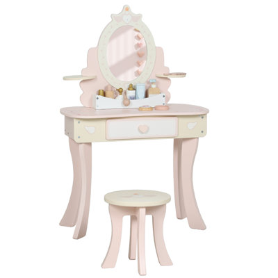 AIYAPLAY Kids Dressing Table, Girls Vanity Table with Stool, Drawer, Pink