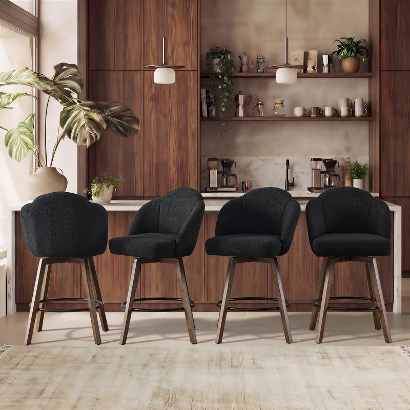 27“ Swivel Bar & Counter Stool With Wood Base and Large Seat, Black Sherpa, Black