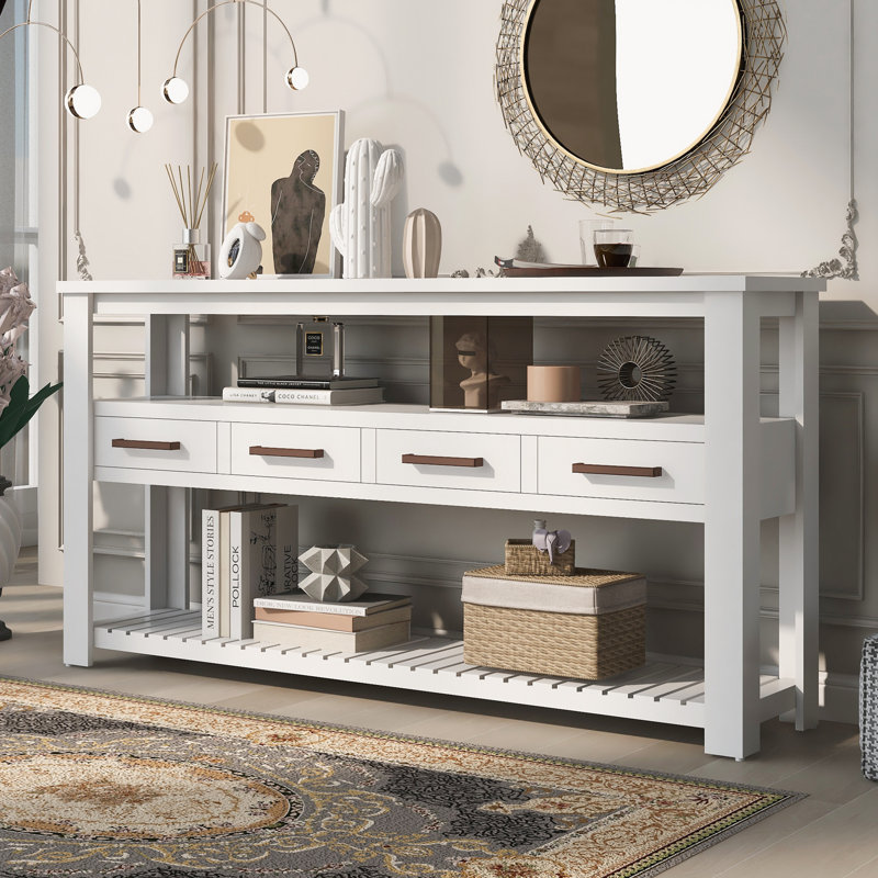 Console avec tablettes ouvertes et poignées en métal, Blanc