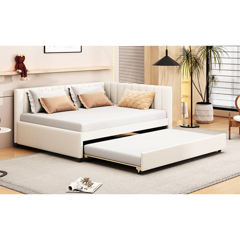 Lit de jour double avec couchette en lin beige, couchette fonctionnelle en lin Relax Style, sans sommier, stable et structure, meubles peu encombrants