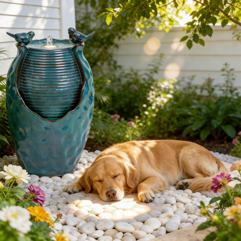 24.8" Ceramic Pot Floor Fountain, Weather-Resistant Outdoor Water Feature with LED Lights