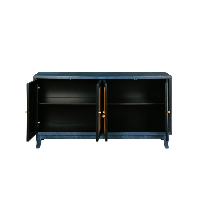 Console à panneaux texturés, buffet 4 portes pour salon, étagères réglables, table d'appoint de rangement bleue artisanale, meuble