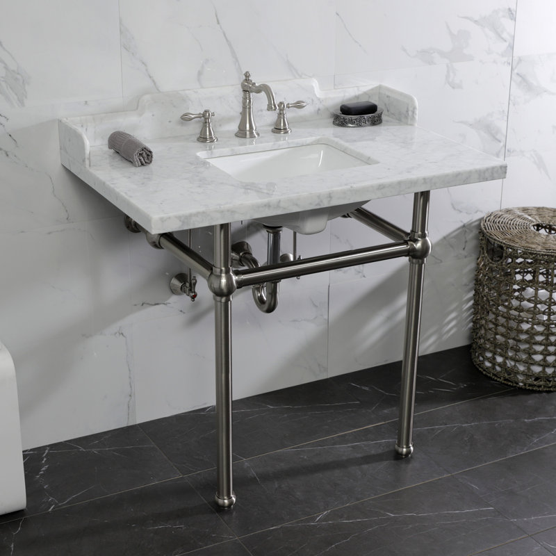 Kingston Brass Pemberton 36-Inch Carrara Marble Console Sink with Brass Legs (8-Inch, 3-Hole), White/Brushed Nickel