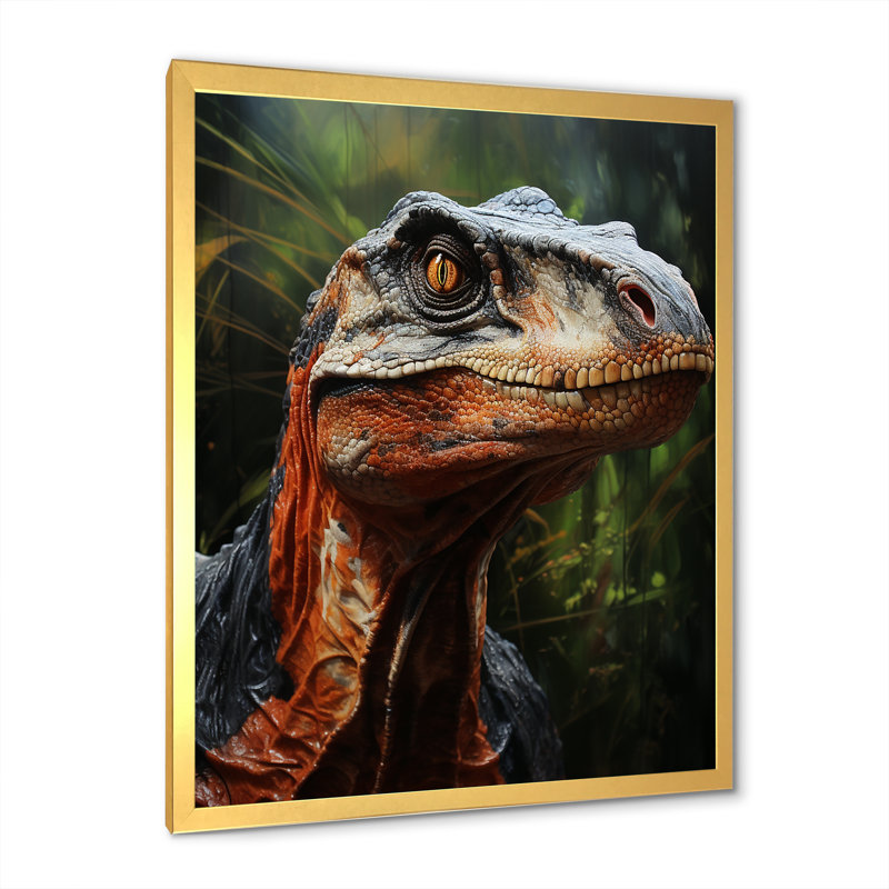 Velociraptor dans la jungle III - dinosaure, art mural, H 44 po x l 34 po x P 1,5 po, Cadre doré simple