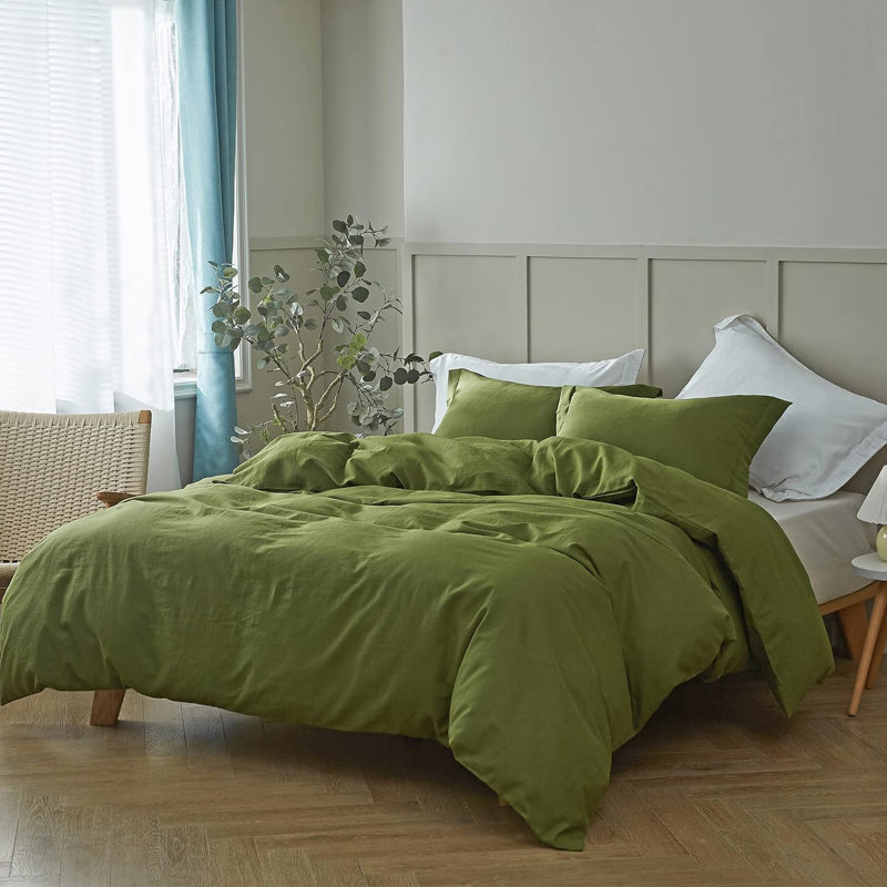 Linen Duvet Cover Set, Full Duvet Cover + 2 Standard Pillowcases, Forest Green