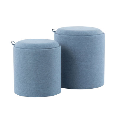 Contemporary Nesting Ottoman Set of 2, Blue Fabric Storage Stools with Natural Wood Tops