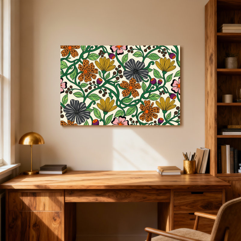 Motif floral de plantes et de fleurs aux couleurs vives et aux feuilles, H 12 po x l 18 po