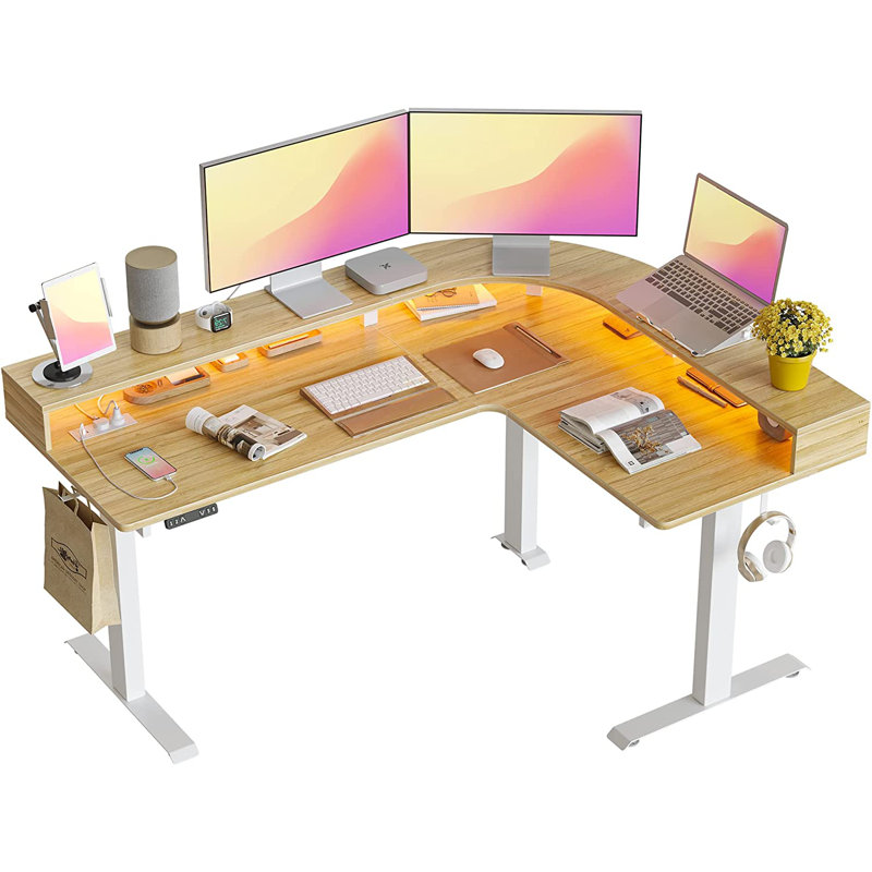 Bureau triple en L avec barre DEL, Naturel / Blanc