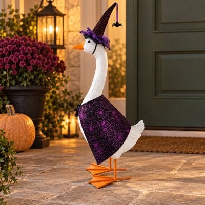Statue d'oie de porche en résine de 62 cm (24,5 pouces) avec 4 tenues pour le 4 juillet, l'Halloween, l'Action de grâce et Noël