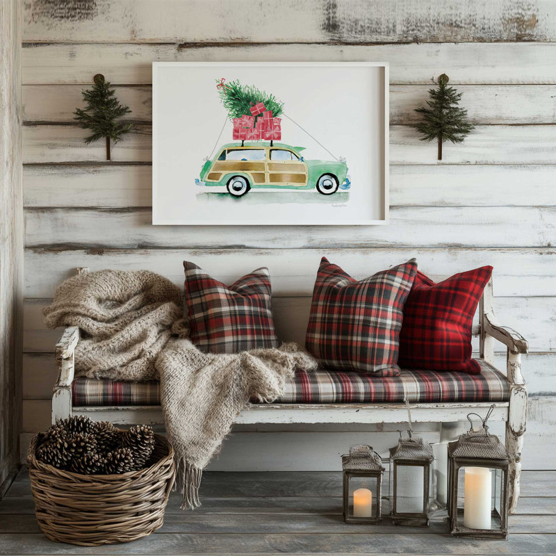 Impression de voiture de Noël rétro, Cadre en zinc patiné, H 12,25 po x l 15,25 po