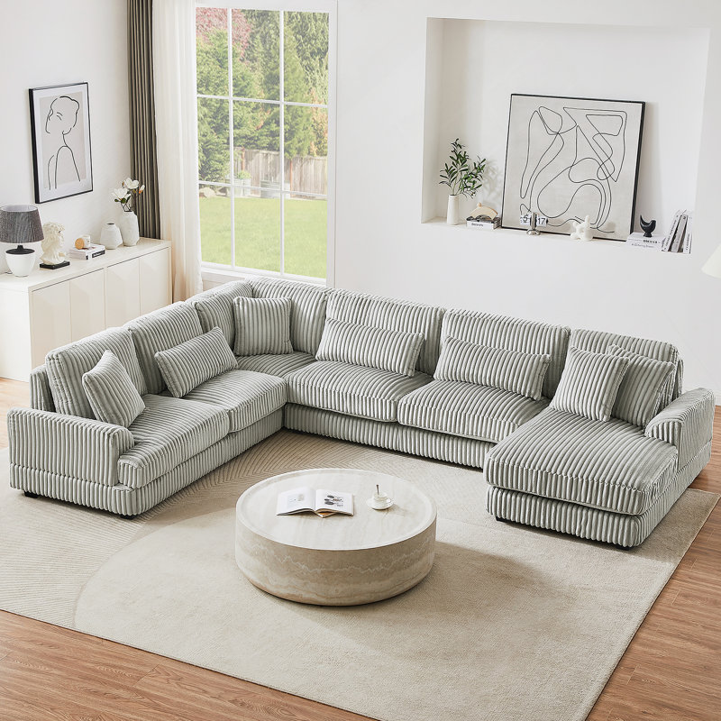 Canapé modulaire surdimensionné de 129 po en forme de U Canapé-lit moderne recouvert de velours côtelé doux avec une chaise longue pour le salon, beige