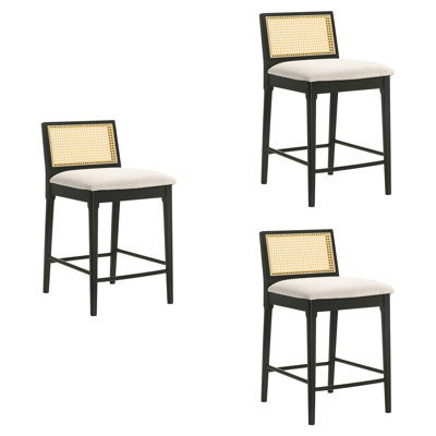 Tobias Coastal Modern Wood Counter Height Kitchen Bar Stool In Black Finish With White Boucle Fabric Upholstered Seat - Set Of 3